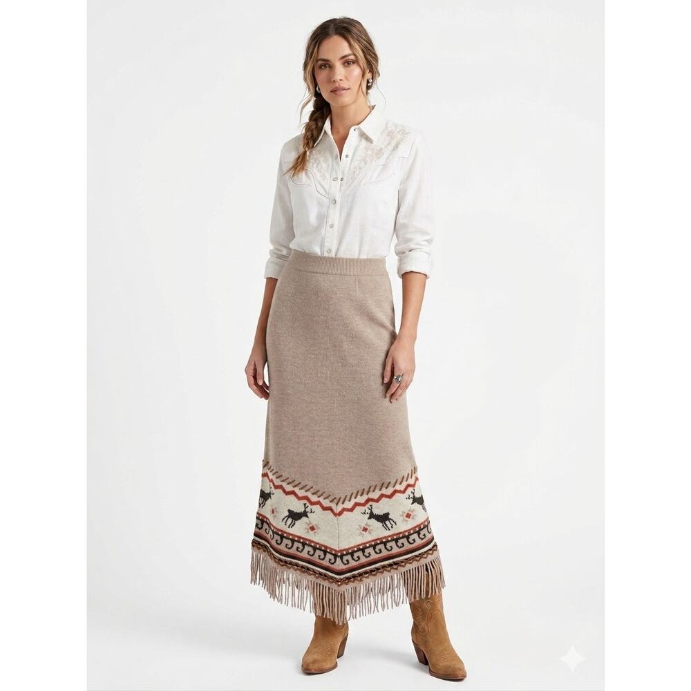 NWT Double D Ranch Lambs Wool Skirt Sz M Fringe Leather Trim Western Deer Rare